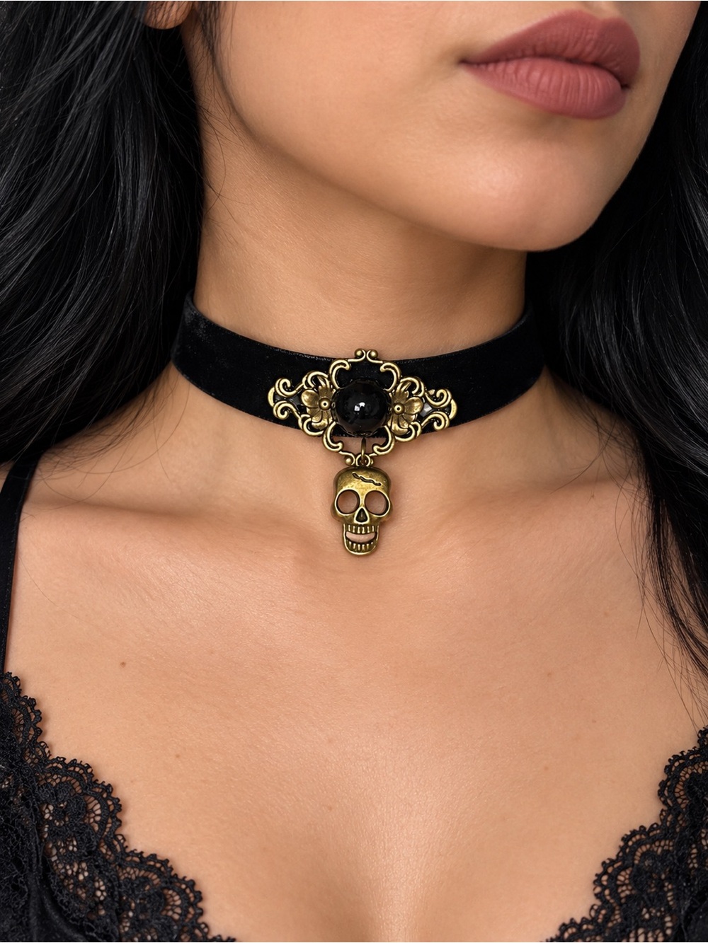 Black Velvet Skull Choker Necklace - , Gothic Gold Accent New